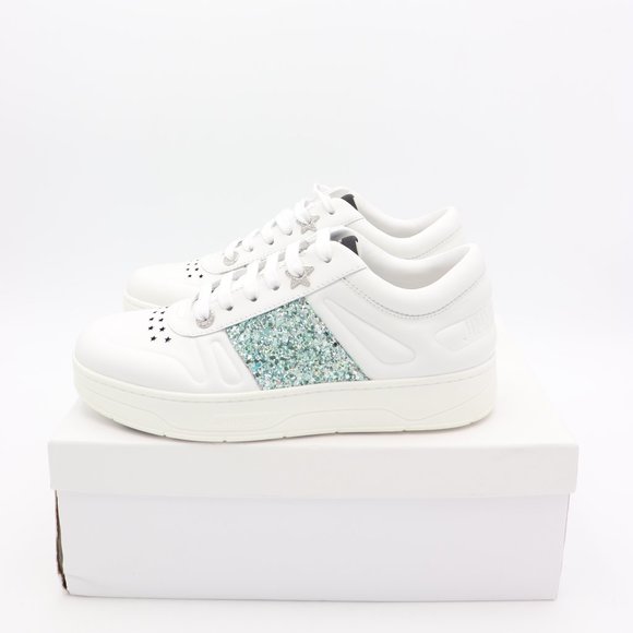 NIB Jimmy Choo Hawaii Leather Glitter Stripe Trainers Sneakers Shoes - Picture 4 of 11